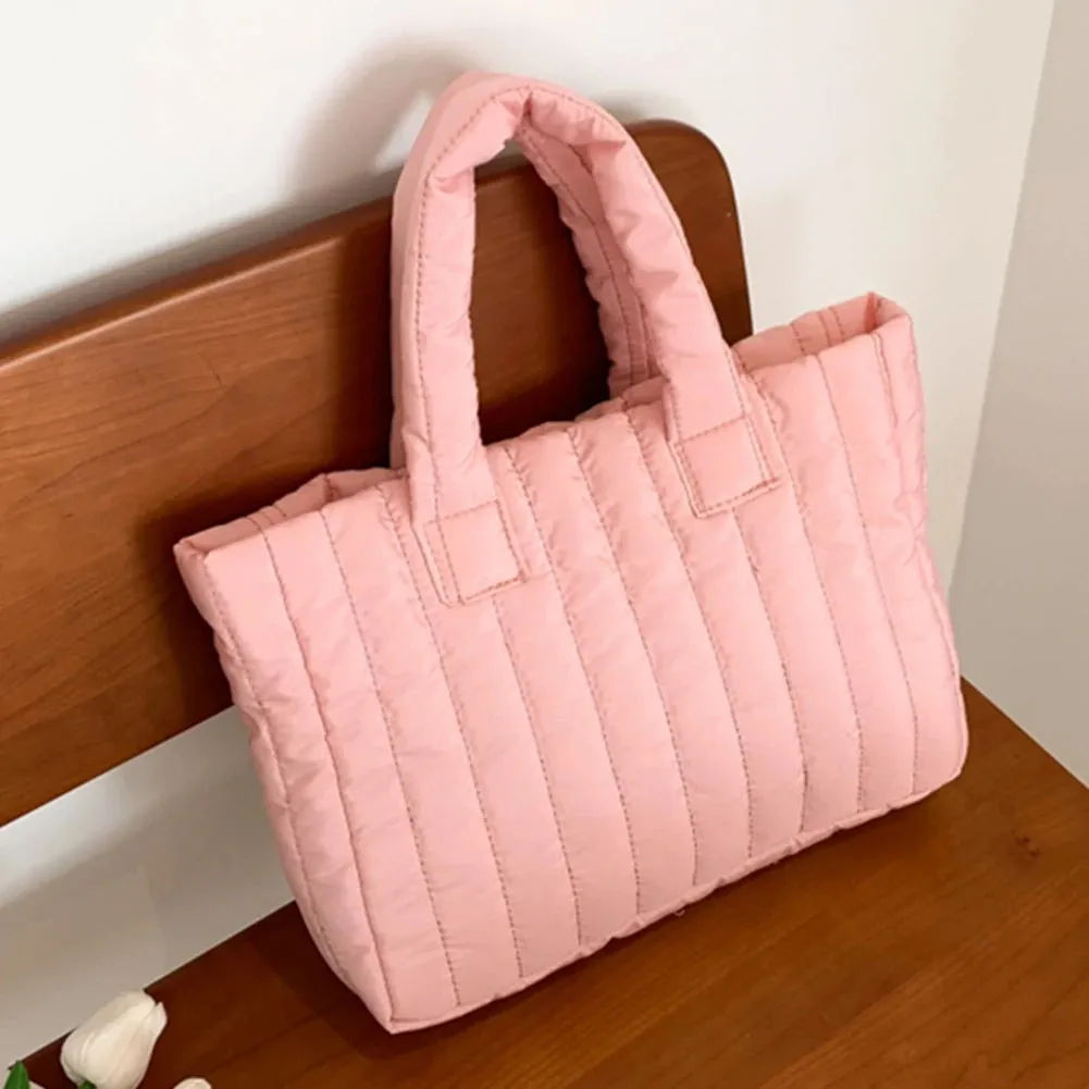 2023 New Pink Ladies Tote Bags Large Capacity Cotton Padded Bag Solid Color Casual Fashion Shoulder Simple Nylon Elegant Bags