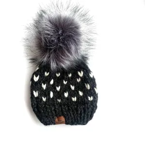 3-6 month Baby Knit Hearts Pom Hat | Charcoal Gray   Off White