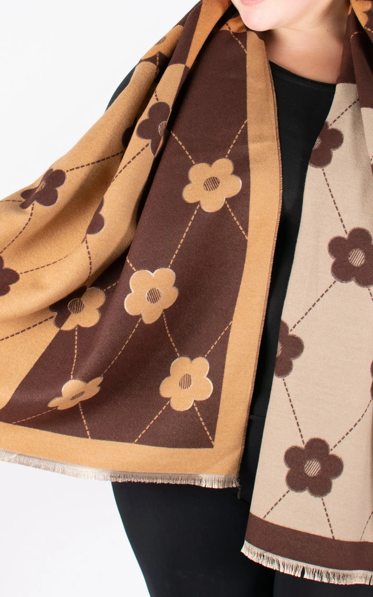 Autumn Winter Scarf | Floral Harlequin | Brown & Camel