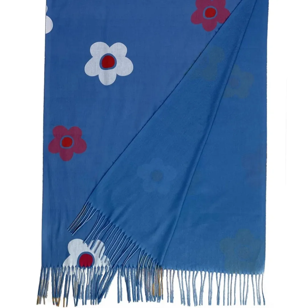 Blue Bold Daisy Tassel Scarf