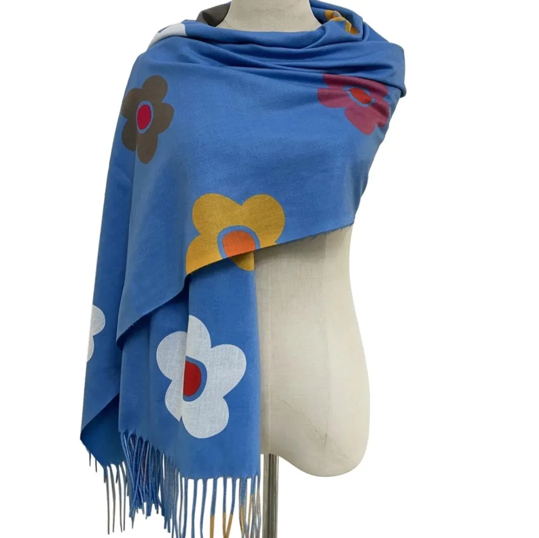 Blue Bold Daisy Tassel Scarf