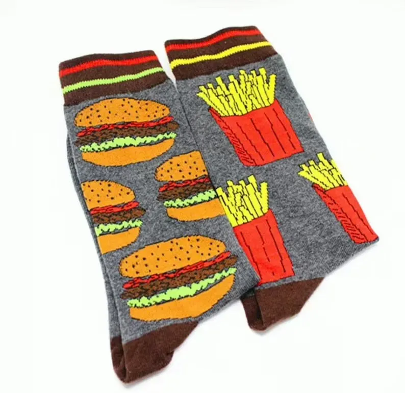 Burger & Fries Cartoon Socks, Fun Novelty Unisex 360 Degree Artwork Character Designed Crew Socks