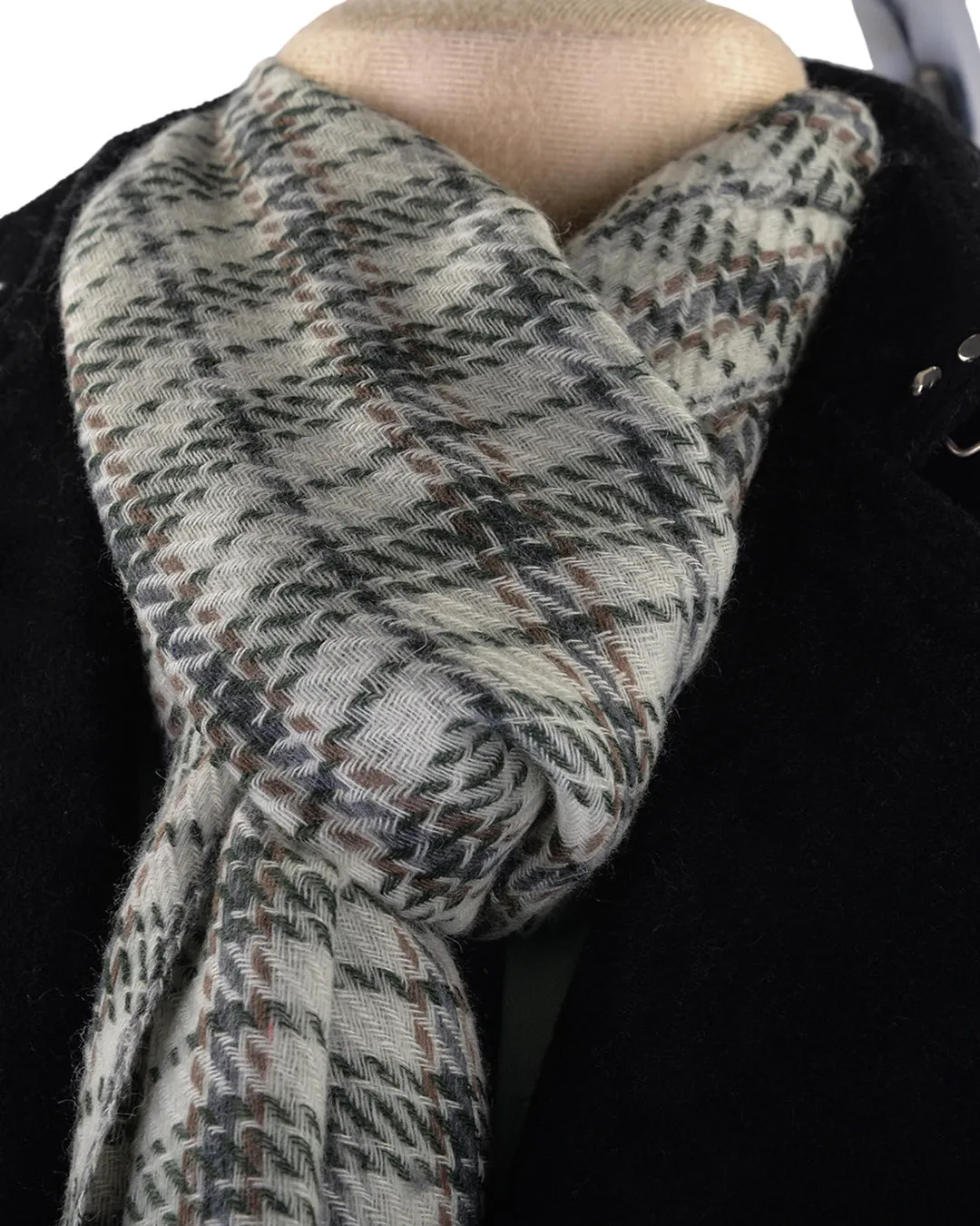 Cashmere Wool Scarf Green Navy Checks On Off White