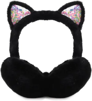 Cat Style Black Foldable Faux Fur Winter Style Ear Muffs