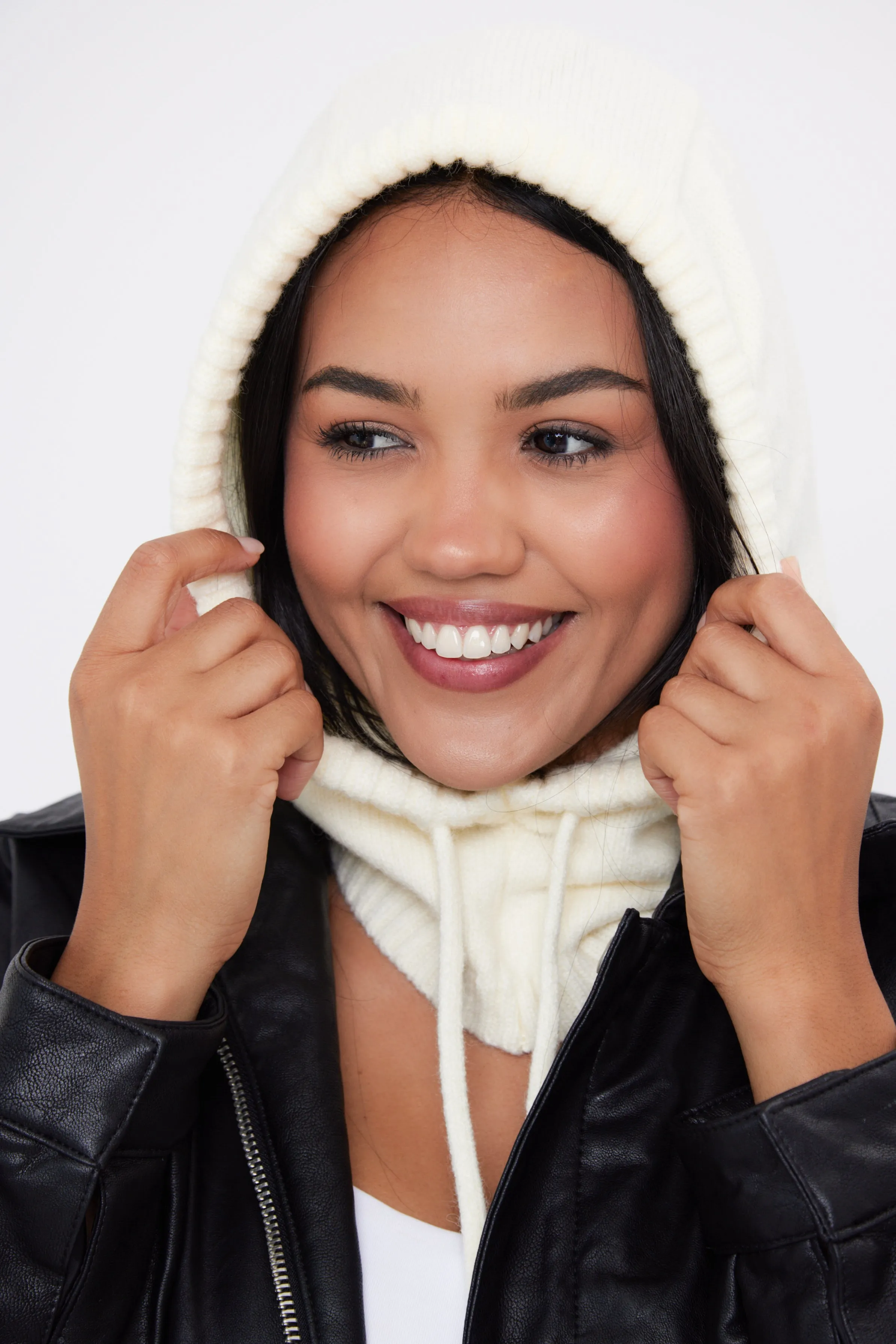 Drawstring Knitted Balaclava Hood in Cream