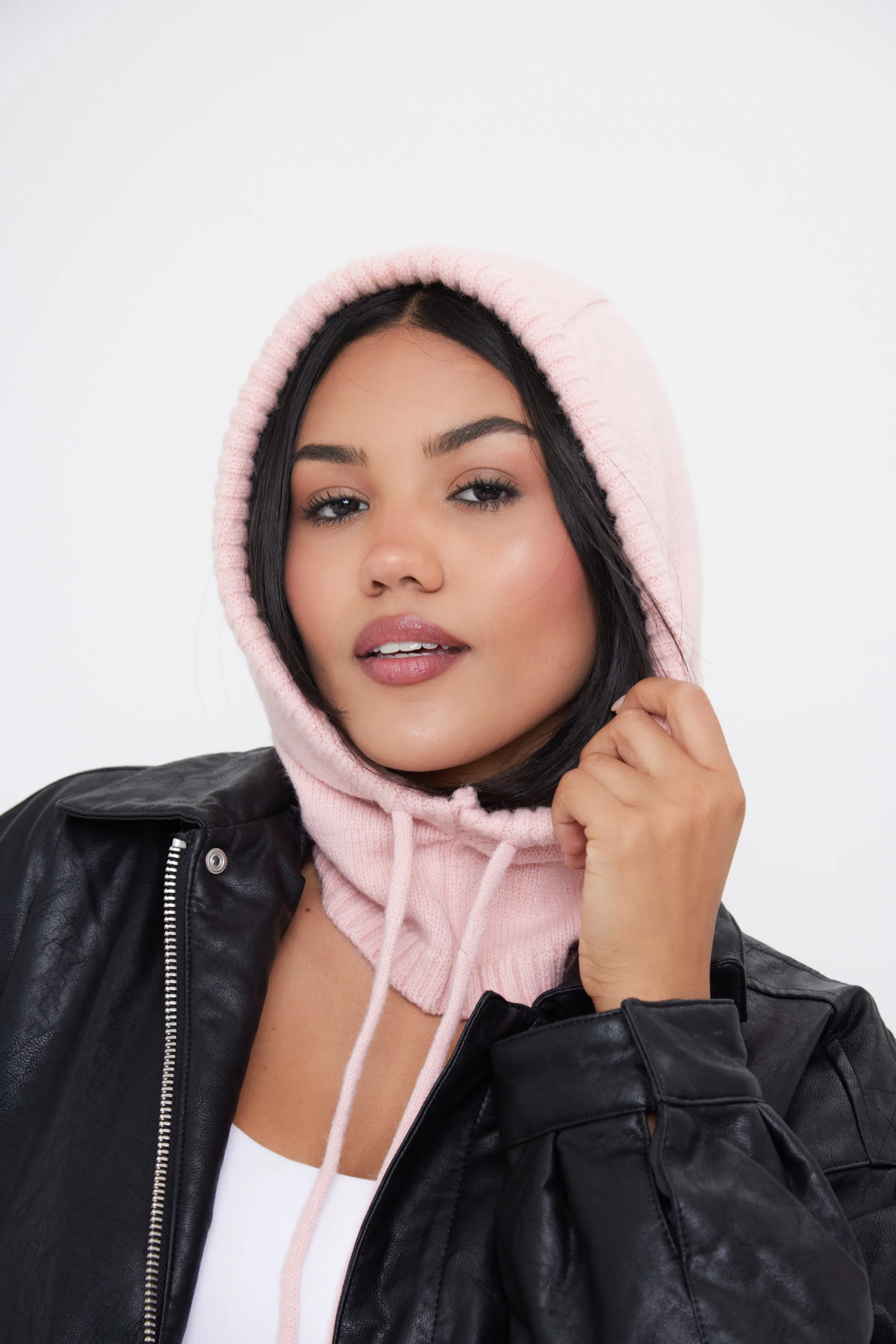 Drawstring Knitted Balaclava Hood in Pink