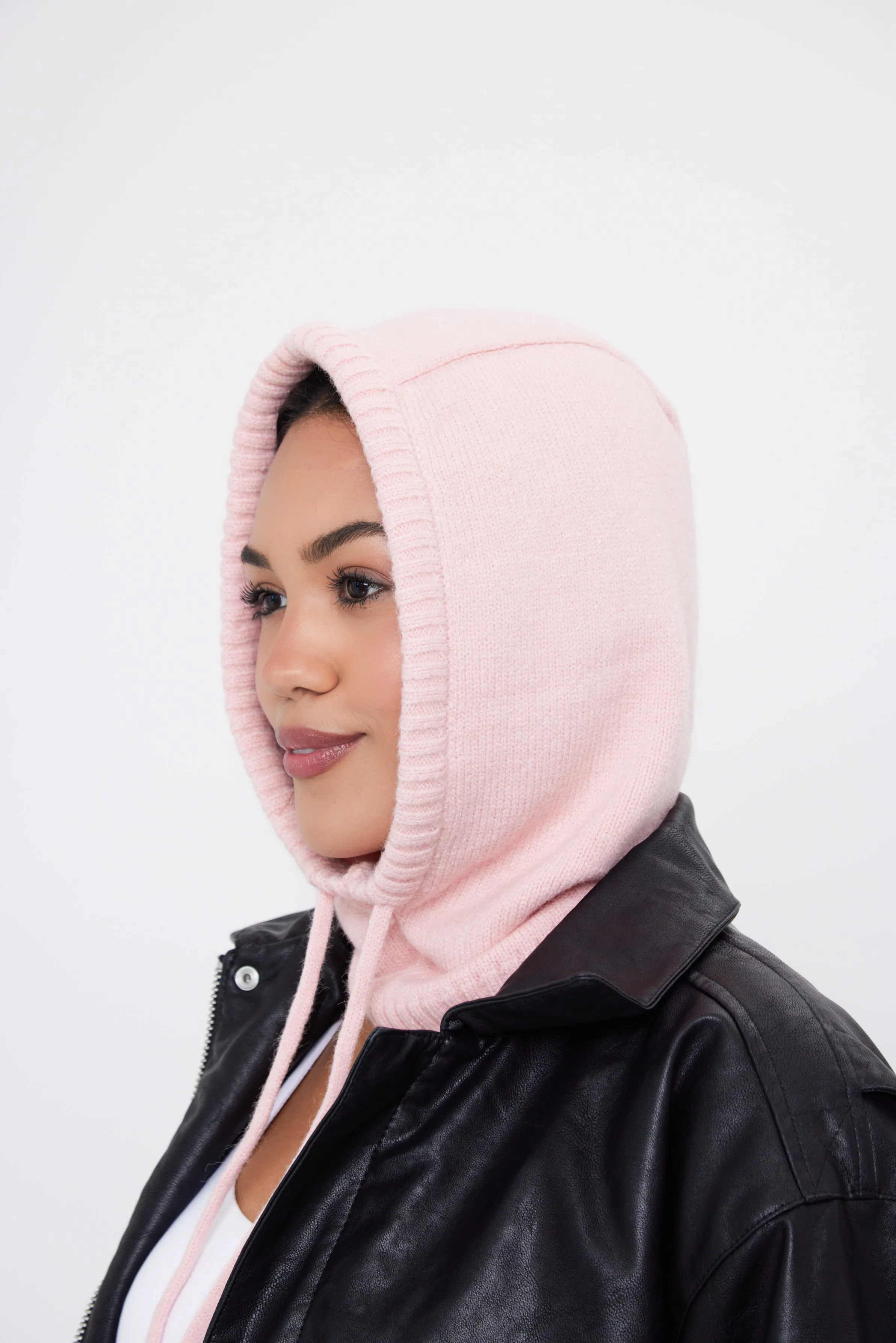 Drawstring Knitted Balaclava Hood in Pink