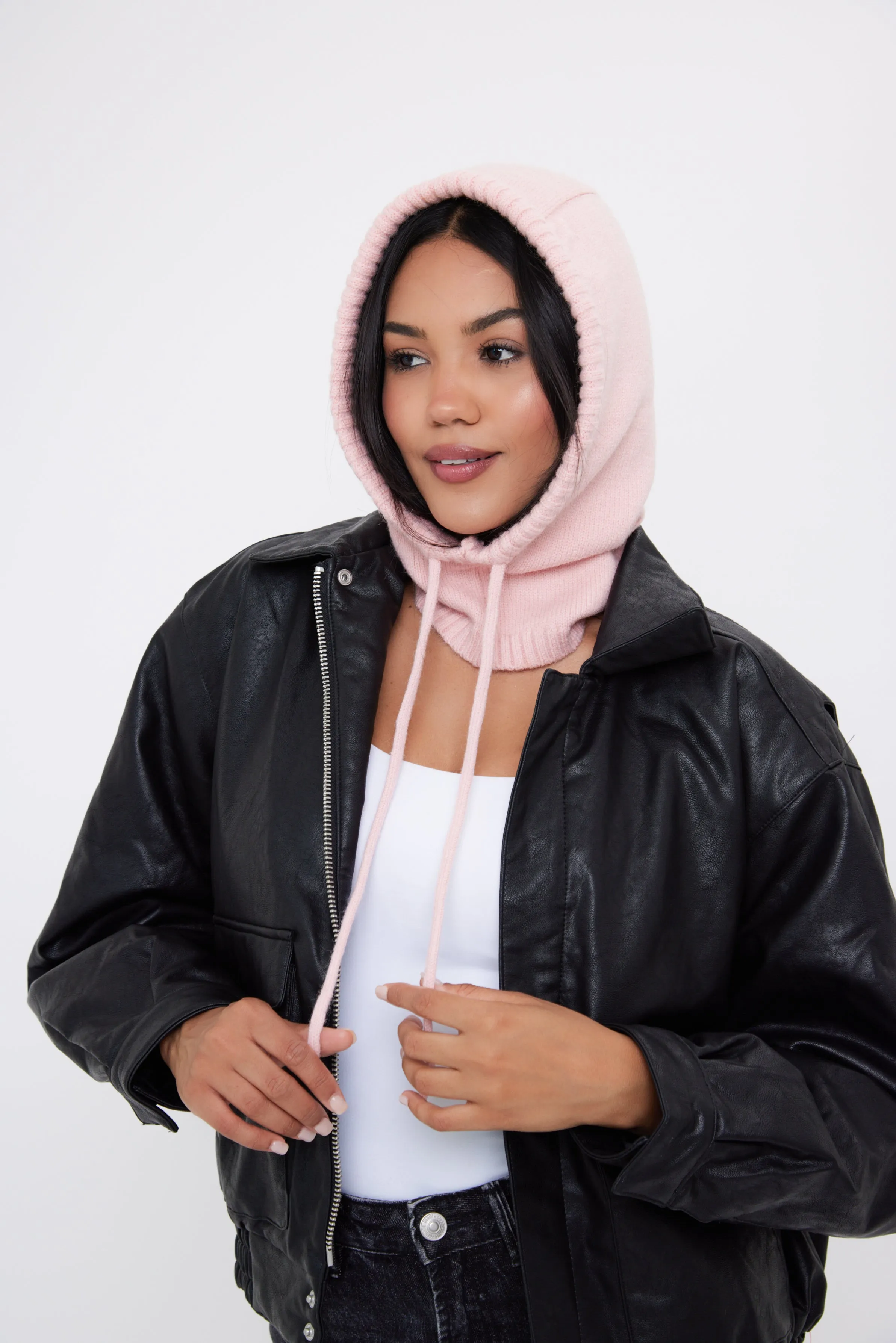 Drawstring Knitted Balaclava Hood in Pink