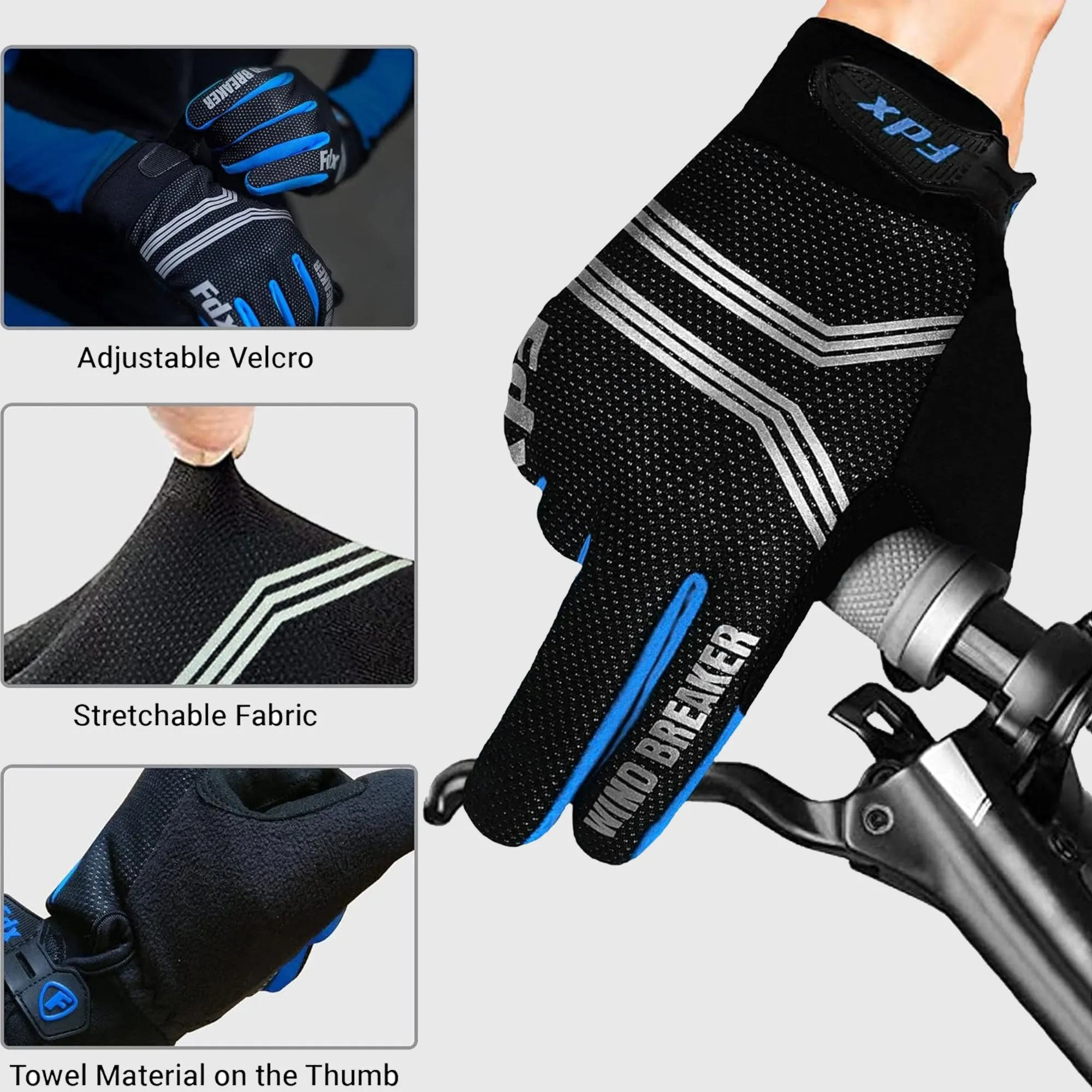 Fdx Dryrest Blue Full Finger Gel Padded Winter Cycling Gloves