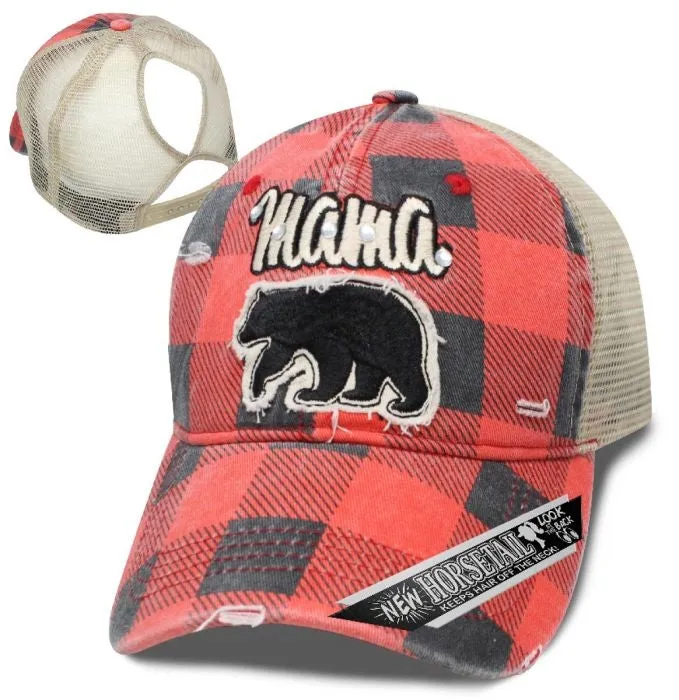 Horsetail Cap - Mama Bear Plaid Snapback Ball Cap