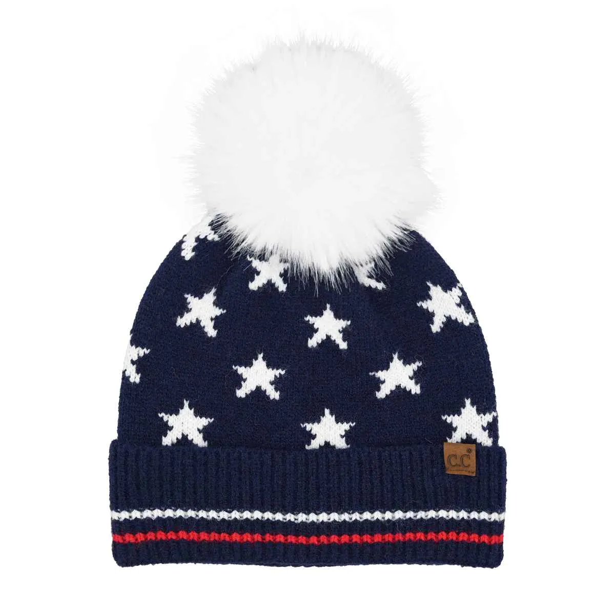 HTC0120 All Over Star and Stripe Cuff Pom Beanie