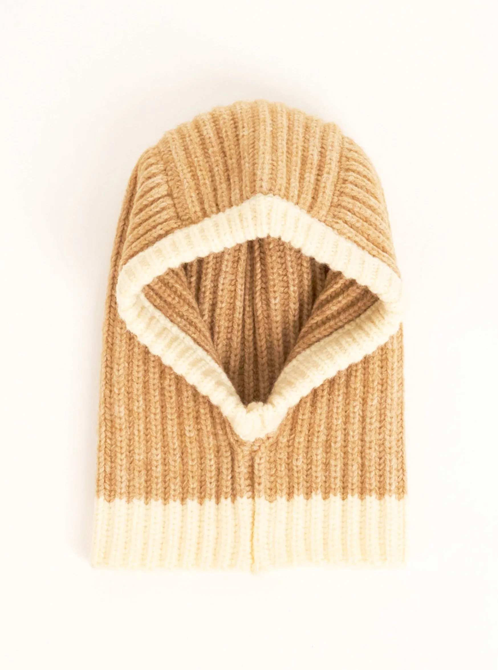 Loose Fit Ribbed Knitted Hood Balaclava in Beige