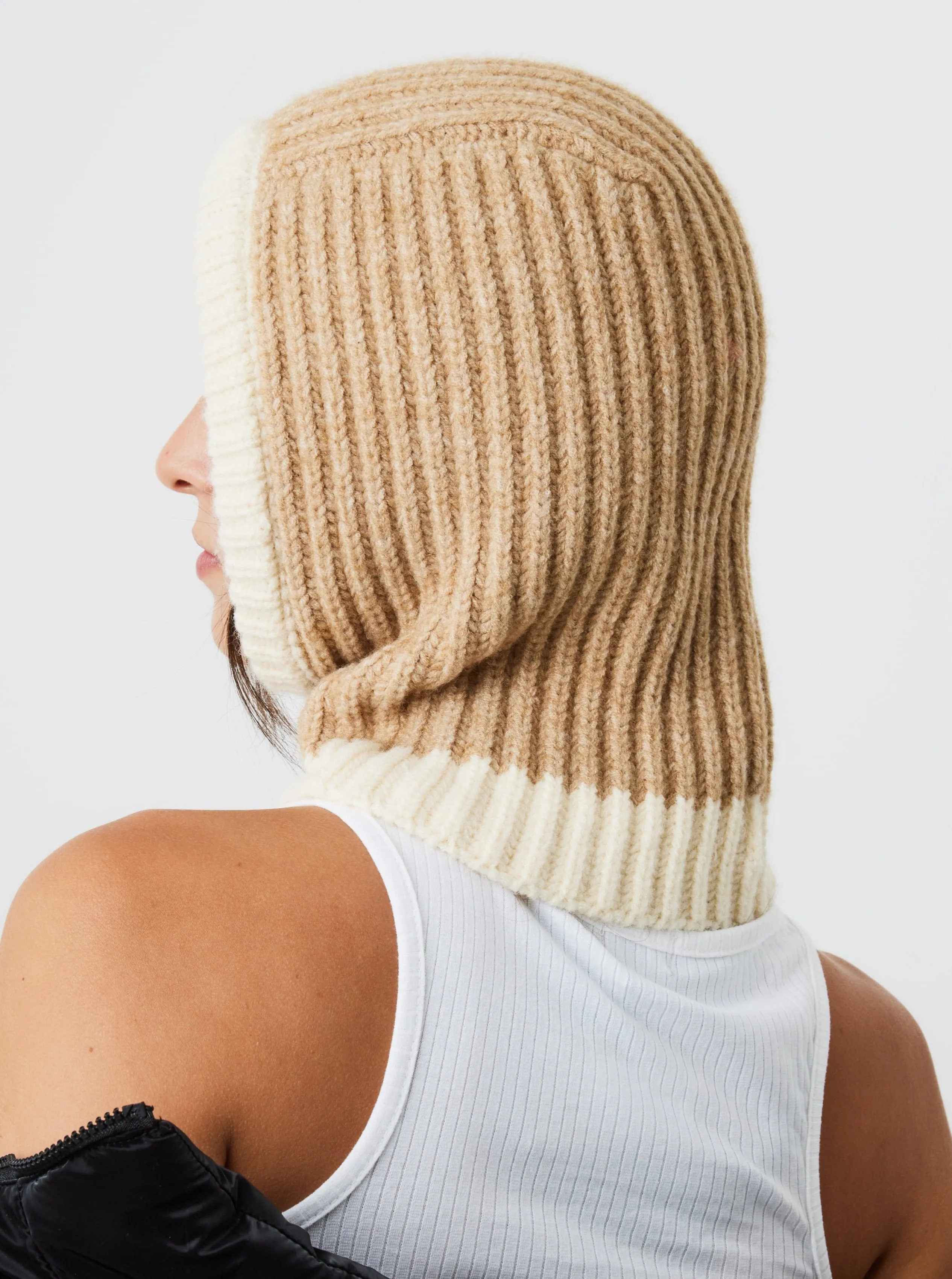 Loose Fit Ribbed Knitted Hood Balaclava in Beige