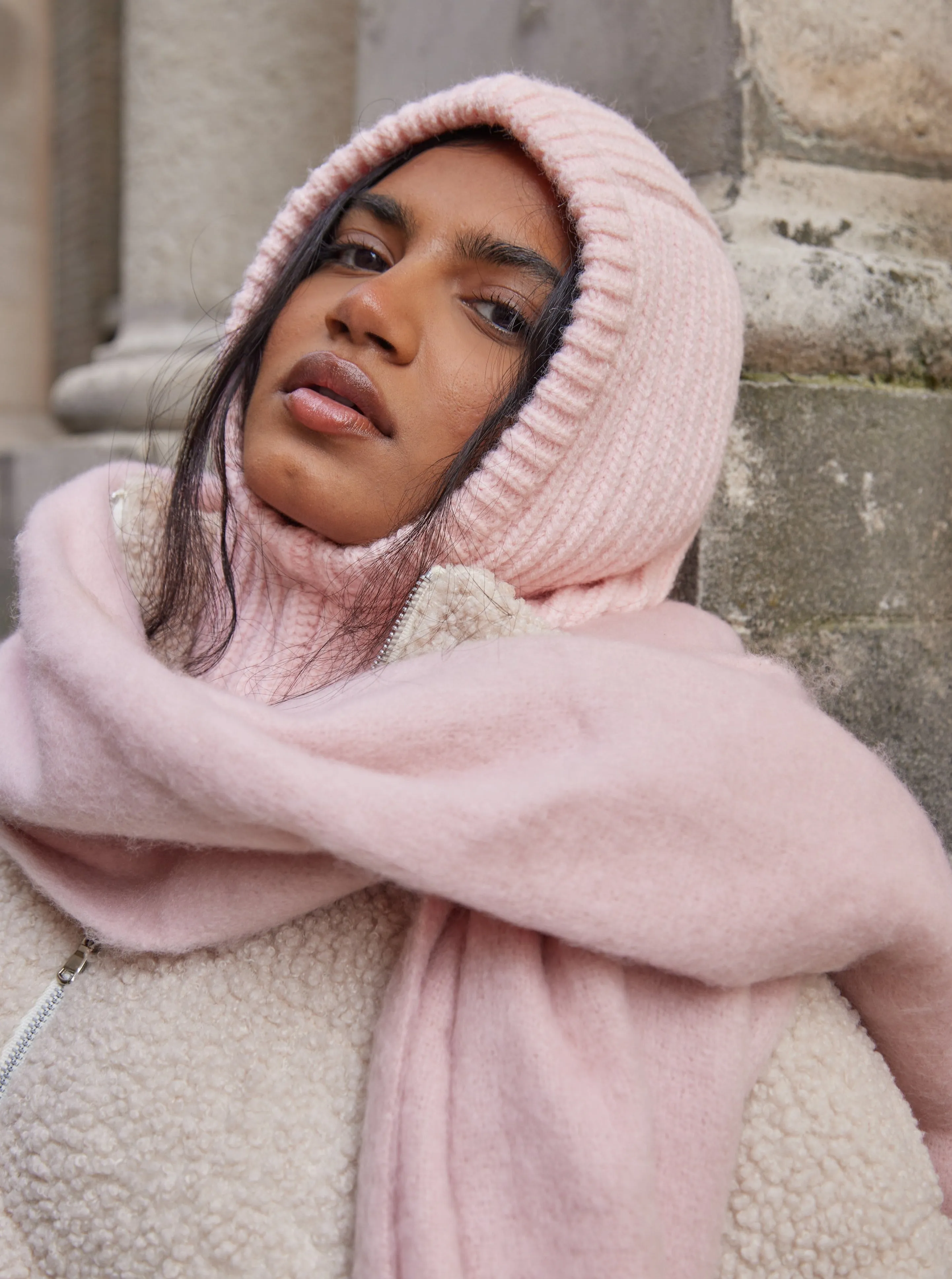 Loose Fit Ribbed Knitted Hood Balaclava in Pink