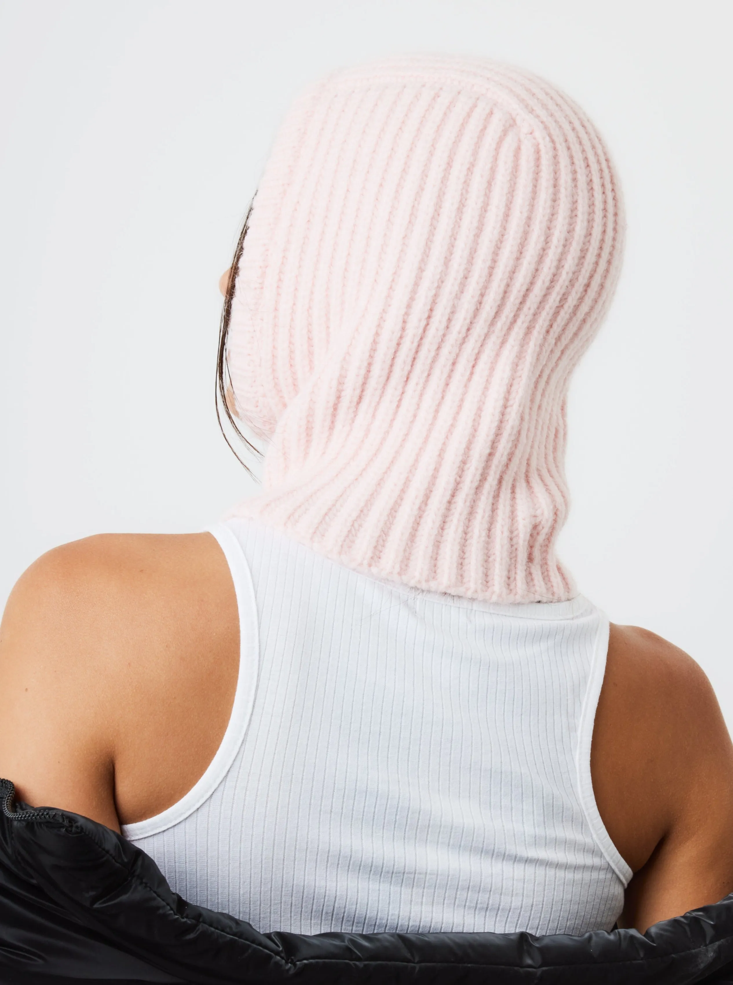 Loose Fit Ribbed Knitted Hood Balaclava in Pink