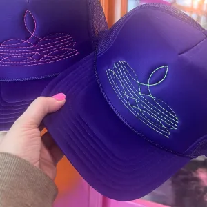 Online Exclusive | Neon Green Boot Stitch Foam Trucker Cap in Purple