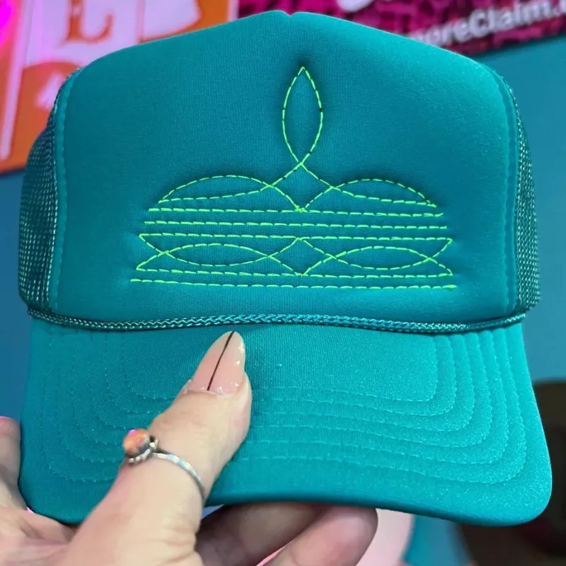 Online Exclusive | Neon Green Boot Stitch Foam Trucker Cap in Solid Jade Blue