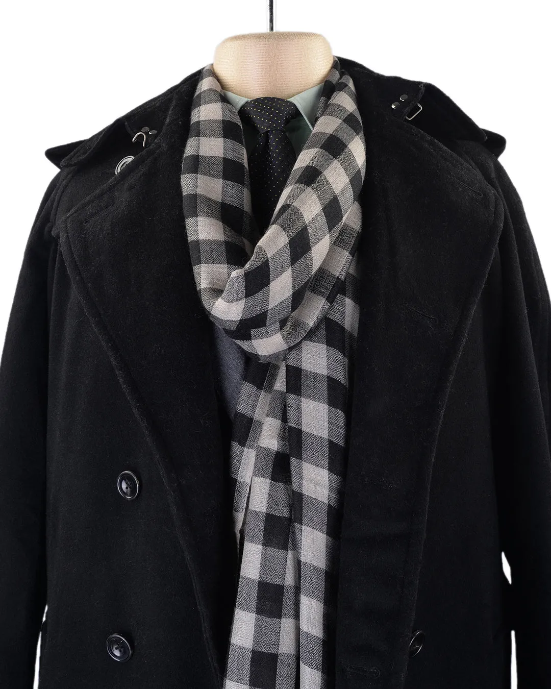 Pashmina Cashmere Wool Scarf Black Off-white Checks