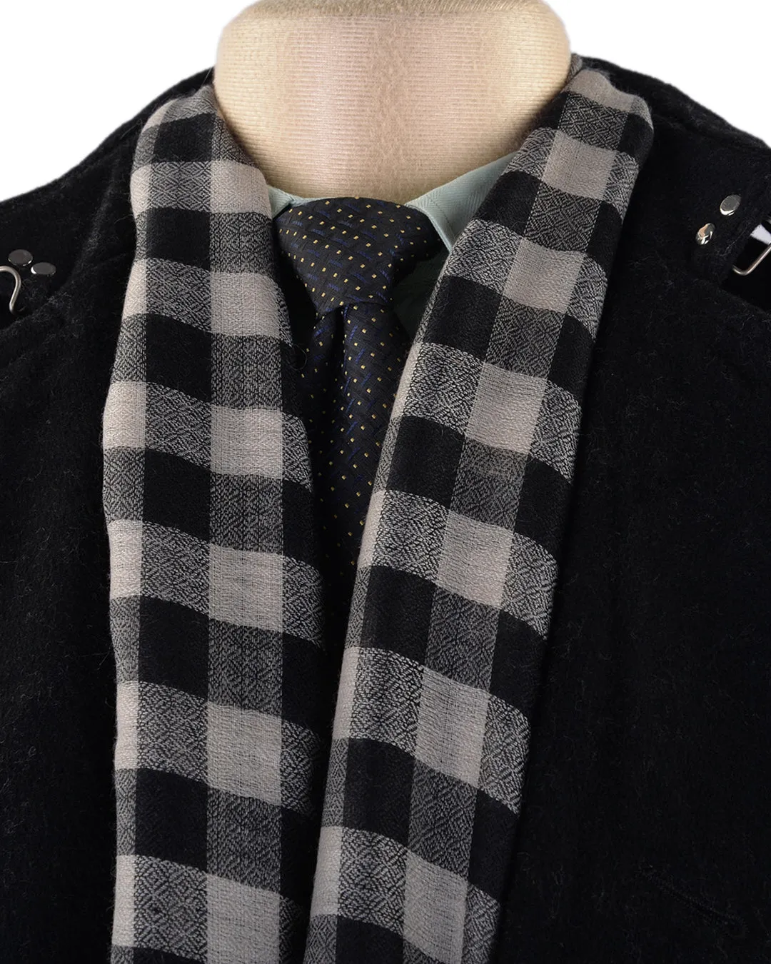 Pashmina Cashmere Wool Scarf Black Off-white Checks