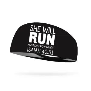 She Will Run and Not Grow Weary Isaiah 40:31 Wicking Headband - White Logo