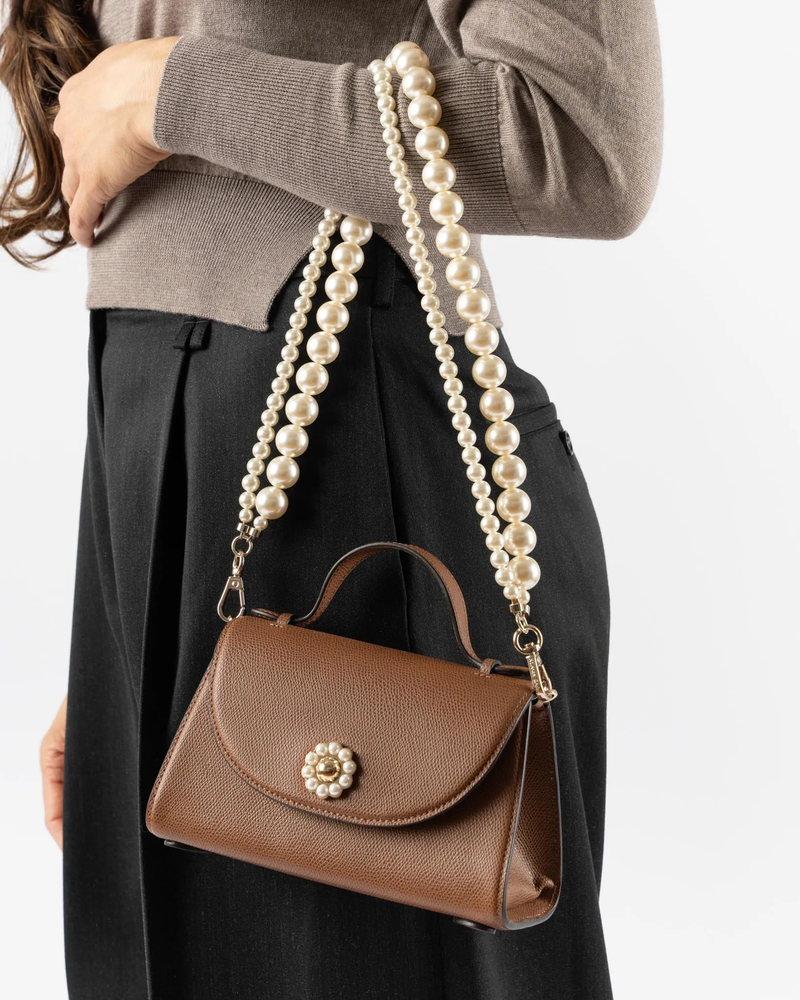 Simone Rocha Pochette Valentine Bag with Pearl Crossbody Strap in Brown/Pearl