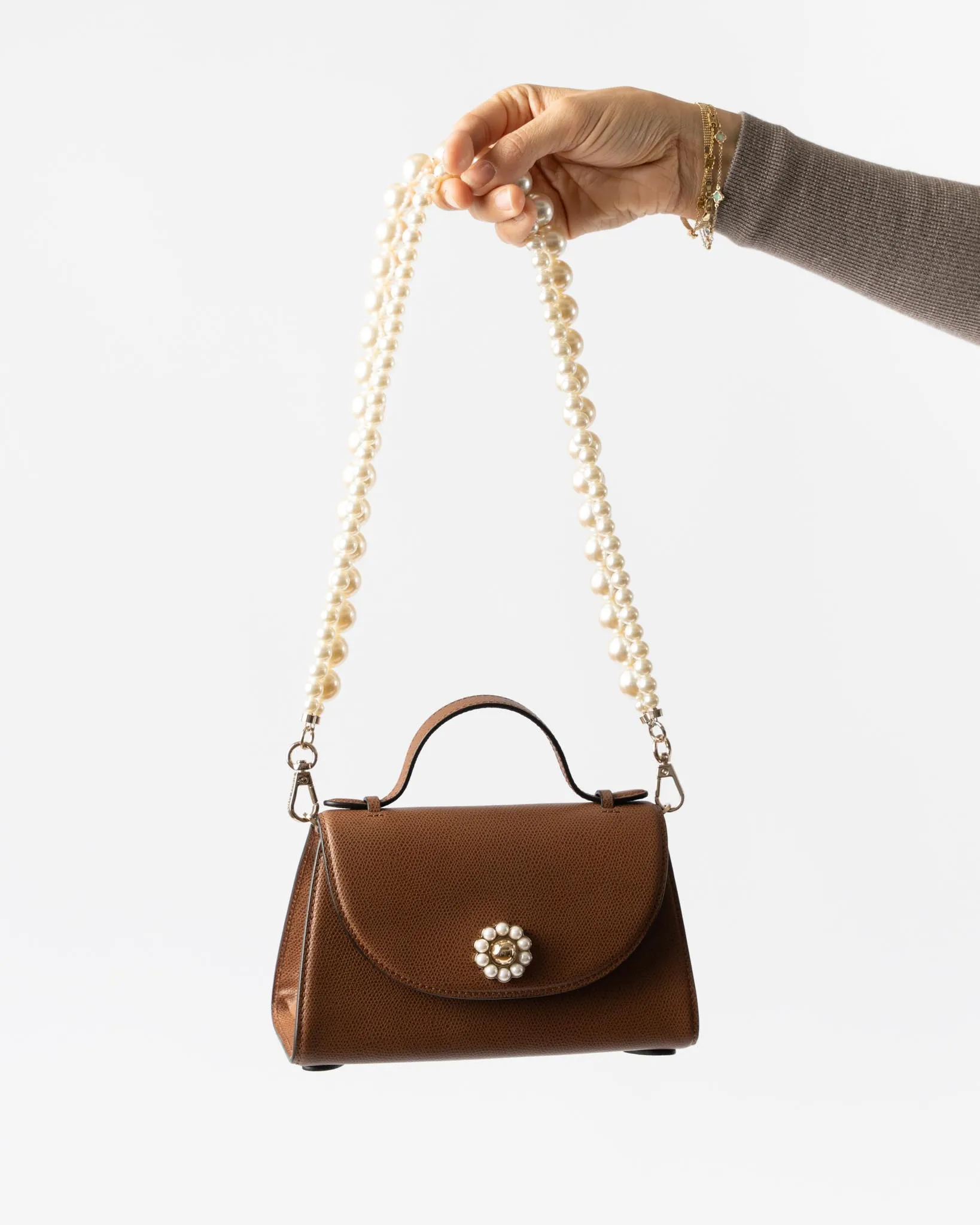 Simone Rocha Pochette Valentine Bag with Pearl Crossbody Strap in Brown/Pearl