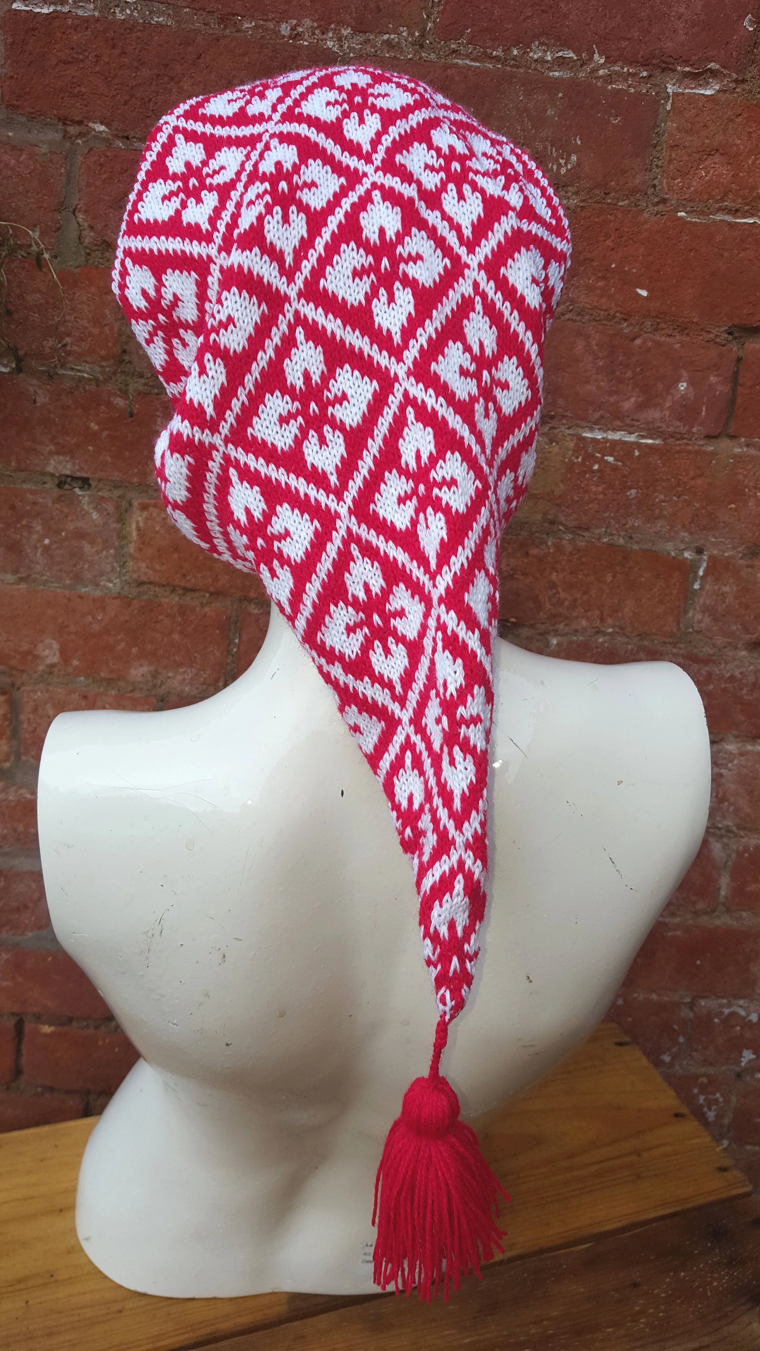 Winter Pixie Hat, all over seasonal coloured fair isle pattern, one size fits all, unisex ski hat