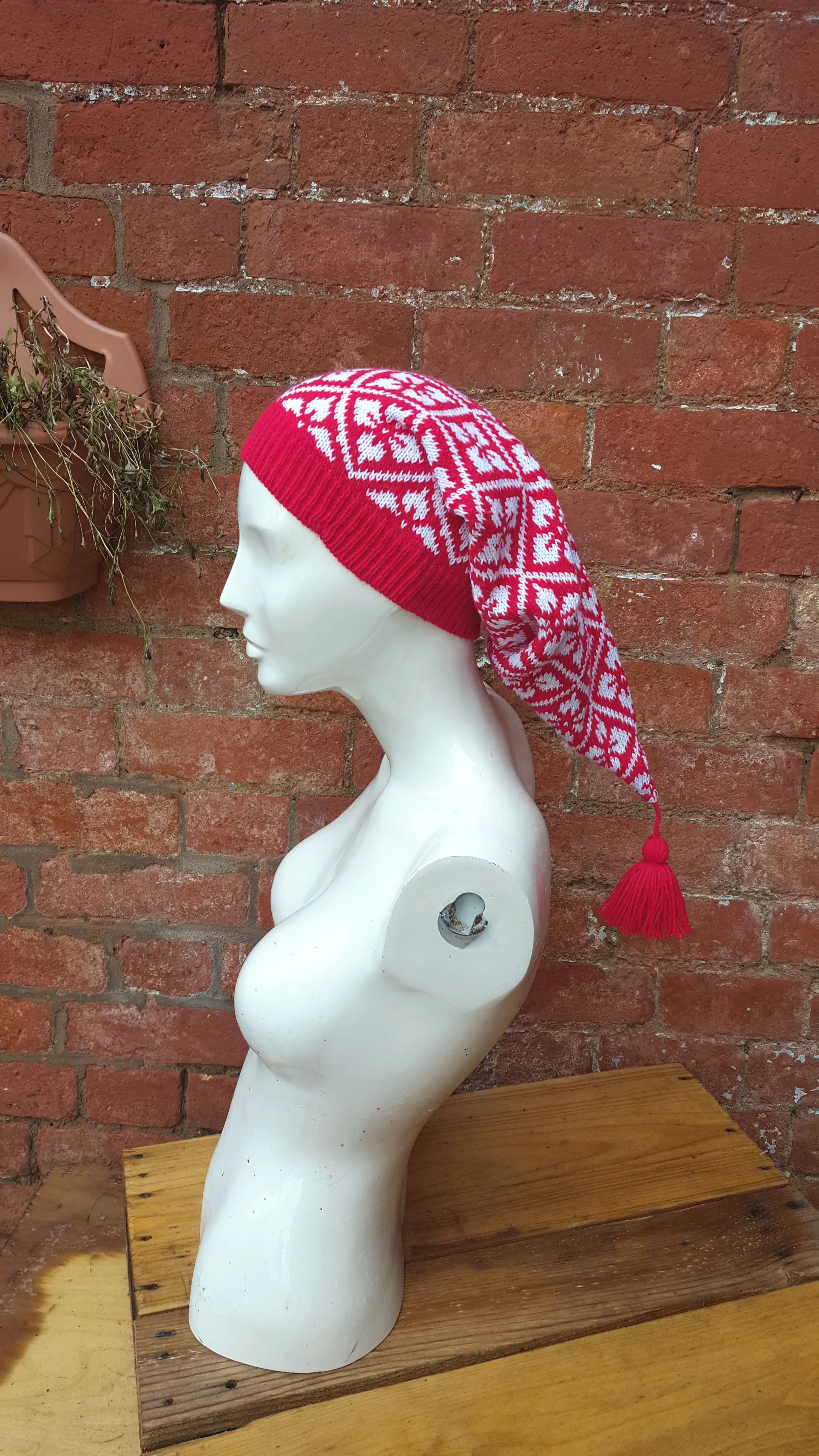 Winter Pixie Hat, all over seasonal coloured fair isle pattern, one size fits all, unisex ski hat