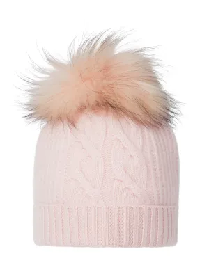 Women's Cable Cashmere Hat With Fur Pom Quartz Pink